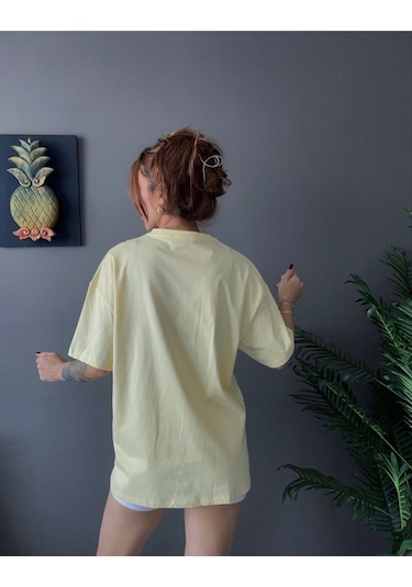 Kadın Oversize Basic Tişört Salaş Kesim Pamuklu Günlük T-shirt Sari