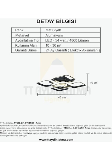 Tt302-4+1-Sy Kare Tt Aydınlatma Mat Siyah Plofonyer 5 Li Led Aviz