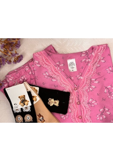 Büyük Beden Battal Pijama Takımı Desenli Uzun Kol Kışlık Kumaş Pembe