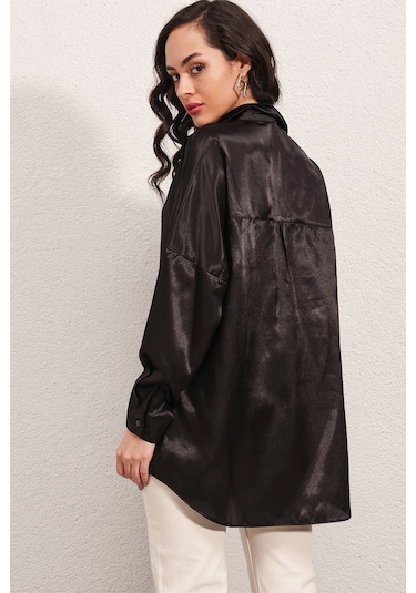 Bigdart 3985 Oversize Saten Gömlek - Siyah 001