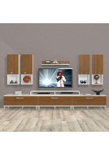 Decoraktiv Ekoflex 8da Slm Krom Ayaklı Tv Ünitesi Tv Sehpası Beyaz - Ceviz