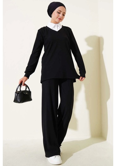 Biçomi Gömlek Yaka Fitilli Salaş İkili Takım Siyah T4300 Siyah