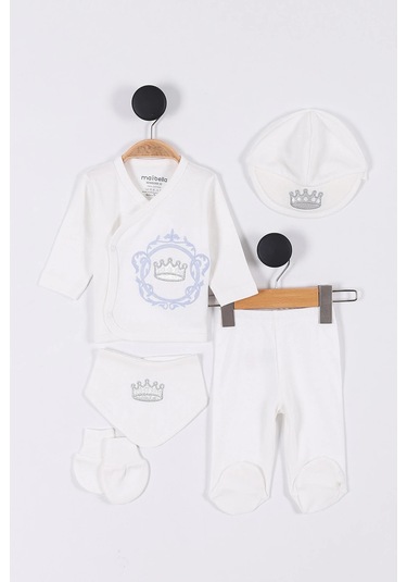 Nakış Desenli Müslin Erkek Bebek Hastane Çıkışı Bebek Kıyafetleri Yenidoğan Hastane Çıkış Seti 5 Li Ekru