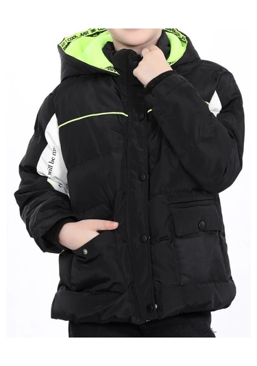 Erkek Çocuk Kolları Renk Bloklu Yazı Desenli Şerit Detaylı Fermuar Çıtçıt Kapamalı Siyah Renk Mont Siyah