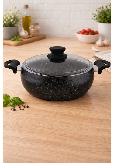 Granit Pro 18 Cm Derin Granit Güveç Tencere Siyah Bakalit Saplı Cam Kapaklı Yapışmaz