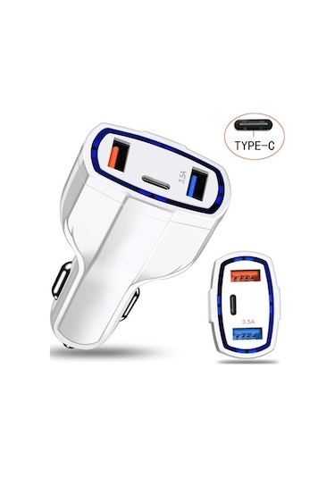 Createtech Usb Type-c Şarj Şarj Şarj Qc3.0 Hızlı Çıkışlı Cihazı Cihazı Çift Beyaz Araç Araç Arabirim Adet 3.5a 2 Kb