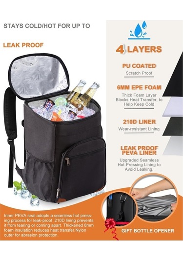 Jzcat- Tun 15 L Soğutucu Sırt Çantası, Sızdırmaz, Soğutucu Siyah