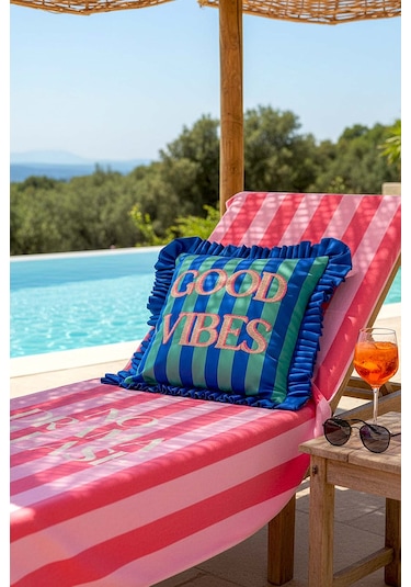 Good Vibes Fırfırlı Dekoratif Kırlent Kılıfı Mavi