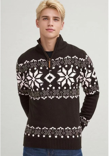 Edwardest Erkek Örgü Kazak: Günlük Slim Fit Yarım Yüksek Yakalı Hırka Kahverengi