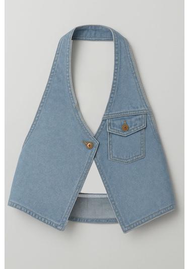 Kadın Tek Düğmeli Boyundan Askılı Jean Yelek Açık Mavi