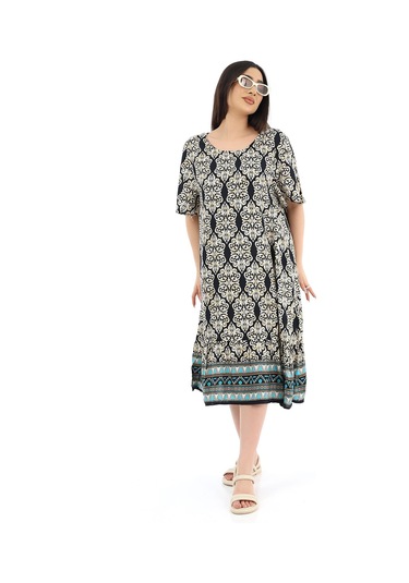 Kadın Viskon Yarım Kol O Yaka Cepli Fırfırlı Elbise Desenli Çok Renkli