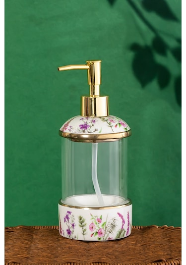 Porsima 3127-1 Gold Kapaklı Porselen Ve Cam Sıvı Sabunluk Çiçek Desenli Ve Şeffaf Tasarım 350 Ml Gold