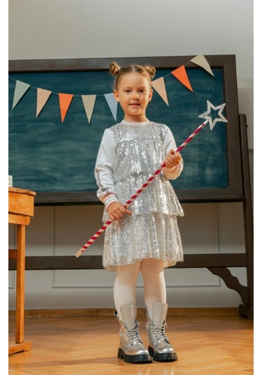 Kız Çocuk Örme Şerit Kollu Payetli Elbise Mnt25k232 Gri