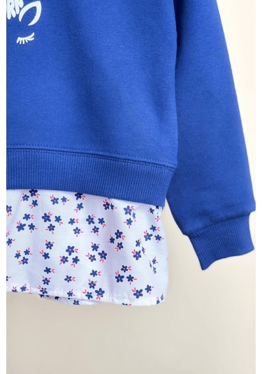 2-8 Yaş Unicorn Çiçek Detay İspanyol Kız Çocuk Takım Mavi Mavi