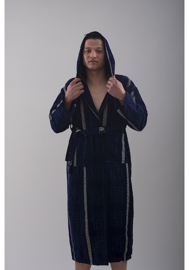 Kapüşonlu Bornoz Bornoz Sabahlık Kadife Bornoz Pamuk Bornoz Lacivert