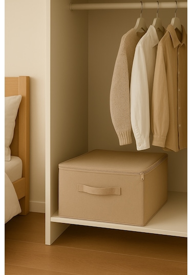 Destekli Hurç Büyük Boy Bej Renk Fermuarlı Katlanabilir Saklama Ve Düzenleme Kutusu Bej