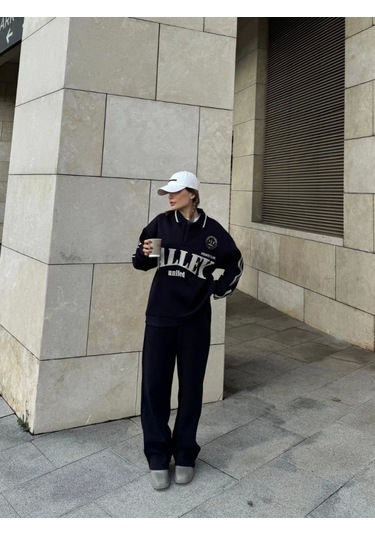 Reka Moda Üç İplik Yakalı Sweat Baggy Pantalonlu Takım - Siyah Siyah