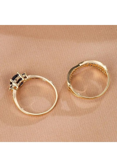 Vintage Altın Rengi Yuvarlak Kesim Mavi Taş İç İçe Yüzük Seti Düğün Band Yüzük Seti Sevgililer Günü Hediyesi 7 Mavi