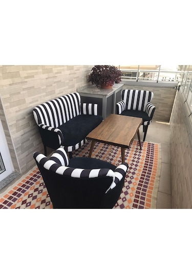 Kayser Home Çay Seti Koltuk Takımı - Oturma Grubu - Balkon - Ofis - Bahçe Mobilyası - Nubuk Kumaş Zebra - Siyah Ayak