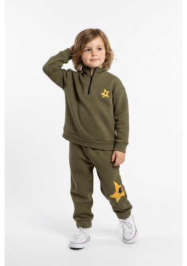 Fermuar Detaylı Şimşek Baskılı 2 Li Takım Haki