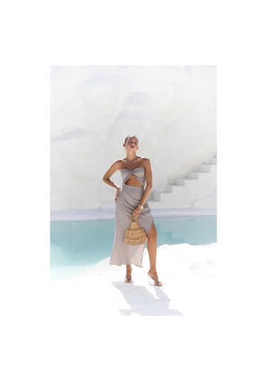 Mai Collection Abrossa Boyundan Bağcıklı Asimetrik Füme Keten Elbise Füme