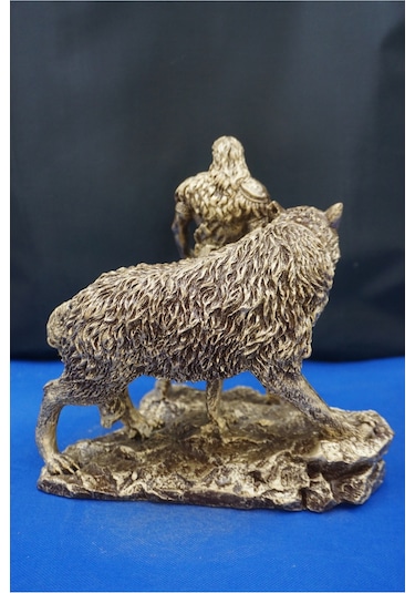 Tyr Savaş Tanrısı Heykeli - Kurtlu Try Biblo - 26 Cm Mitolojik Obje Hediyelik Dekor Altın