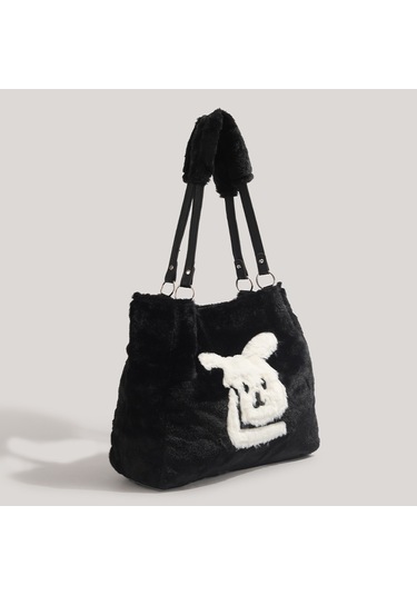 Charhp&kejnt Sonbahar Ve Kış Peluş Çanta Tasarımı Elde Taşınabilen Tüylü Tavşan Tote Çanta Siyah