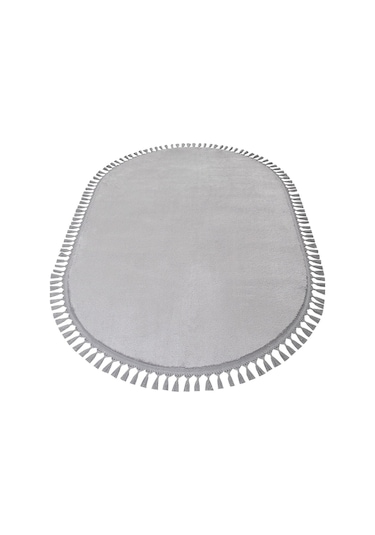 Comfort Puffy Oval Ponpon Saçaklı Peluş Halı Gri