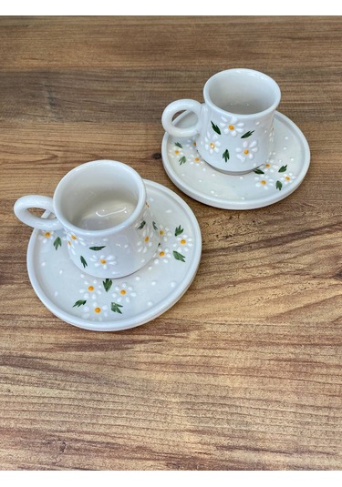3'lü Papatya Desenli El Yapımı Seramik Kupa, Mug, Türk Kahvesi