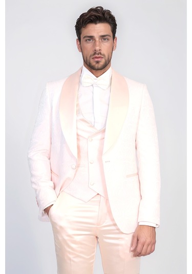 Dalgalı Desenli S Al Yaka Yelekli Toz Pembe Smokin - Wessi Pembe