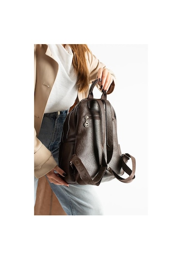 Vegan Deri Kadın Sırt Çantası 35 25 Cm Yağmur İtici Kumaş Mega Bag Günlük Kullanıma Uygun Kahverengi