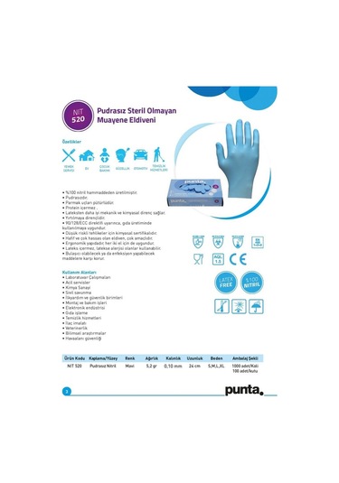 Punta Nıt 520 - Pudrasız Mavi 100% Nitril Muayene Eldiveni