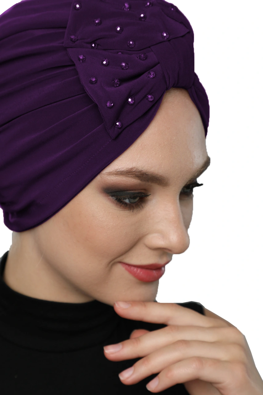 Kristal Yelpaze Taş Işlemeli Çift Taraflı Astarlı Mor Hazır Türban Tesettür Abiye Bone Mor