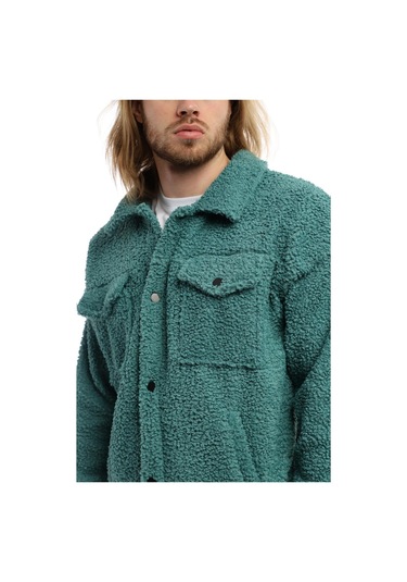 Erkek Kıvırcık Peluş Cıt Cıt Kapamalı Oversizeceket Petrol