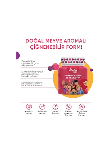 Vitago Kids Gummies Vitamin D3 Kalsiyum İçeren Takviye Edici Gıda 60 Kapsül
