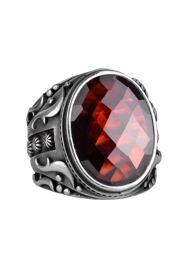 Yapılmış Taş Yüzük, 925 Ayar Gümüş Yüzük, Tasarım Gümüş Erkek Yüzüğü Yapılmış Granat Taşı Gümüş