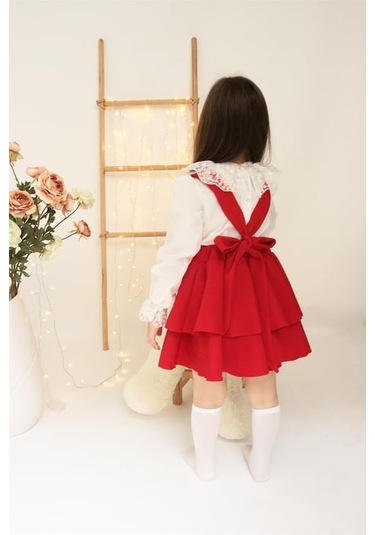 Kız Çocuk Kırmızı Elbise Helen Askılı Jile Dantelli Uzun Kol Bluz Takım 23 Nisan 29 Ekim Gösteri Kıyafeti