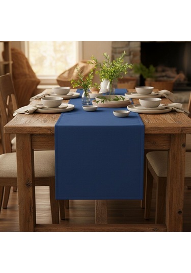 1 Adet Organik Pamuk Yıkanabilir Kumaş Runner 37x120 Mavi