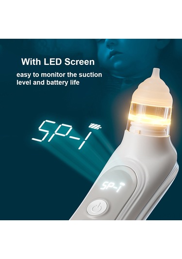 Yaozixa Bebek Elektrikli Burun Temizleyici 5 Seviye Emme Gücü Düşük Sesli Renkli Işık Ve Müzik Pil İle Tipli C Şarj 3 Silikon Uç + Kutu + Kırpan Beyaz