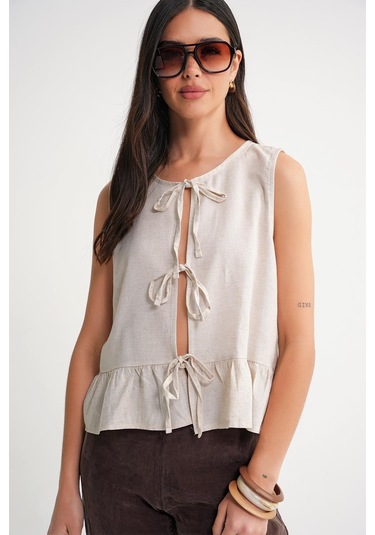4717 Kadın Önü Bağcıklı Fırfırlı Kolsuz Keten Bluz Naturel Naturel