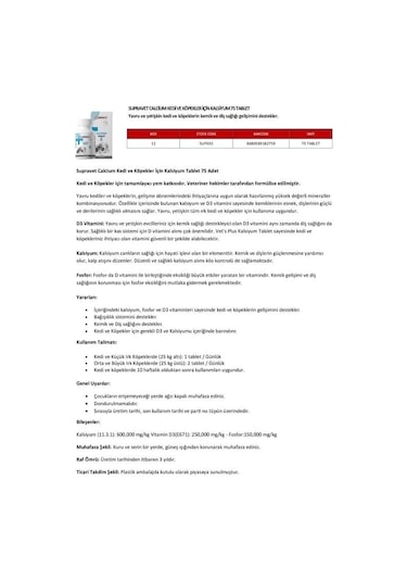 Supravet Calcium Kedi Ve Köpekler İçin Kalsiyum Vitamin Tablet 75 Adet