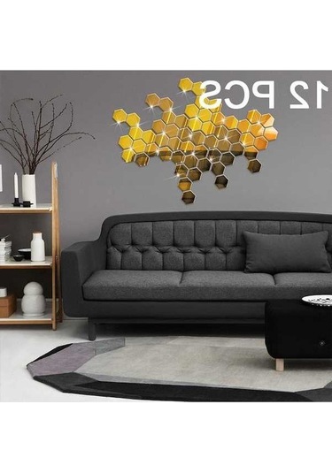 Novahub 12 Adet 3d Altıgen Ayna Sticker, 10x10cm Altın, Zengin Dekorasyon İçin Diğer