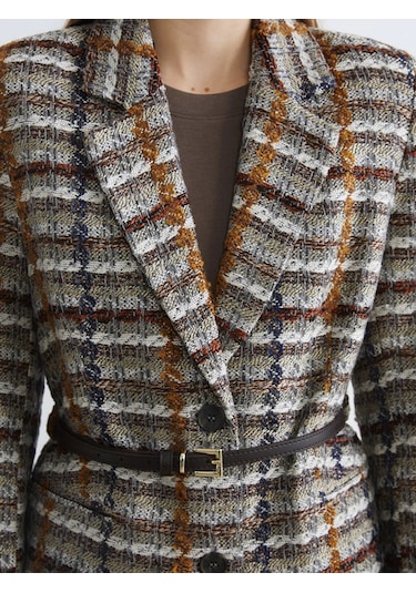 Lc Waikiki Bej Ekose Kemerli Kadın Tüvit Blazer Ceket