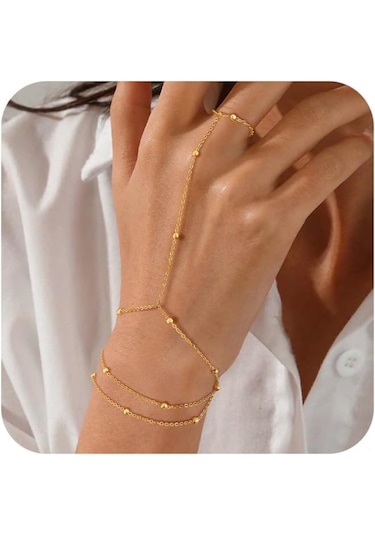 Fosenze 14k Altın Kaplama Kadın Bilezik, Toplu Zincirli Tasarım, Yüzük Özellikli, Ayarlanabilir, Alerjiye Duyarsız, Leydikler İçin Hediyelik Gümüşsüz Mücevher Altın