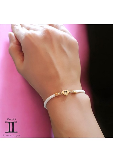 Archin İkizler Burçlarına Özel 14 Ayar Altın Plakalı Beyaz Örgülü Kalp Figürlü Hediye Bileklik-478burç İkizler