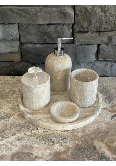 Yeni Silver Gümüş Traverten Mermer 5'li Banyo Seti Beyaz