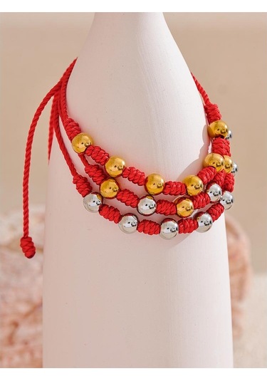 Gümüş Eetit Unisex 7 Knot Şanslı El Yapımı Dokuma Takı Hediye Moda Paslanmaz Çelik Boncuk Kırmızı Halat Örgülü Kader Dilek Bilezik Bileklik Gümüş