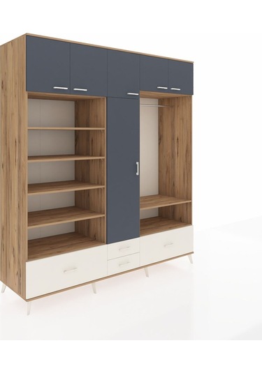 Kronos Dolap 18 Raflı 4 Çekmeceli Tek Askılı 220x59x243 Çam-antrasit/aytaşı Antrasıt/aytası