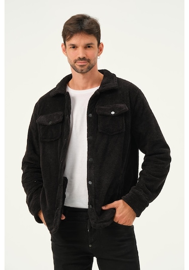 Erkek Çıt Çıt Detaylı Cepli Peluş Ceket Siyah