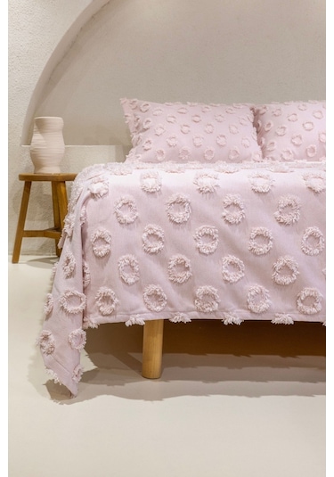 Koza Home Sitra Pudra Çift Kişilik Püsküllü Yatak Örtüsü 230x250 2 Yastık 5 Pudra